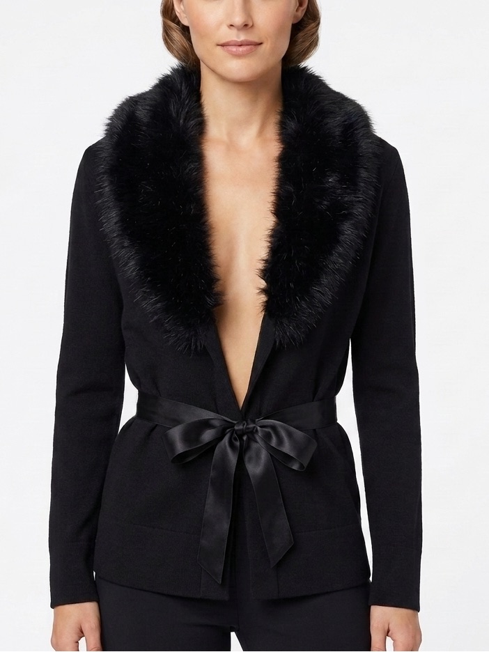 Y2k Style & Co Faux Fur Trim Satin Tie Waist Open Front Jacket Mobwife Winter Mp